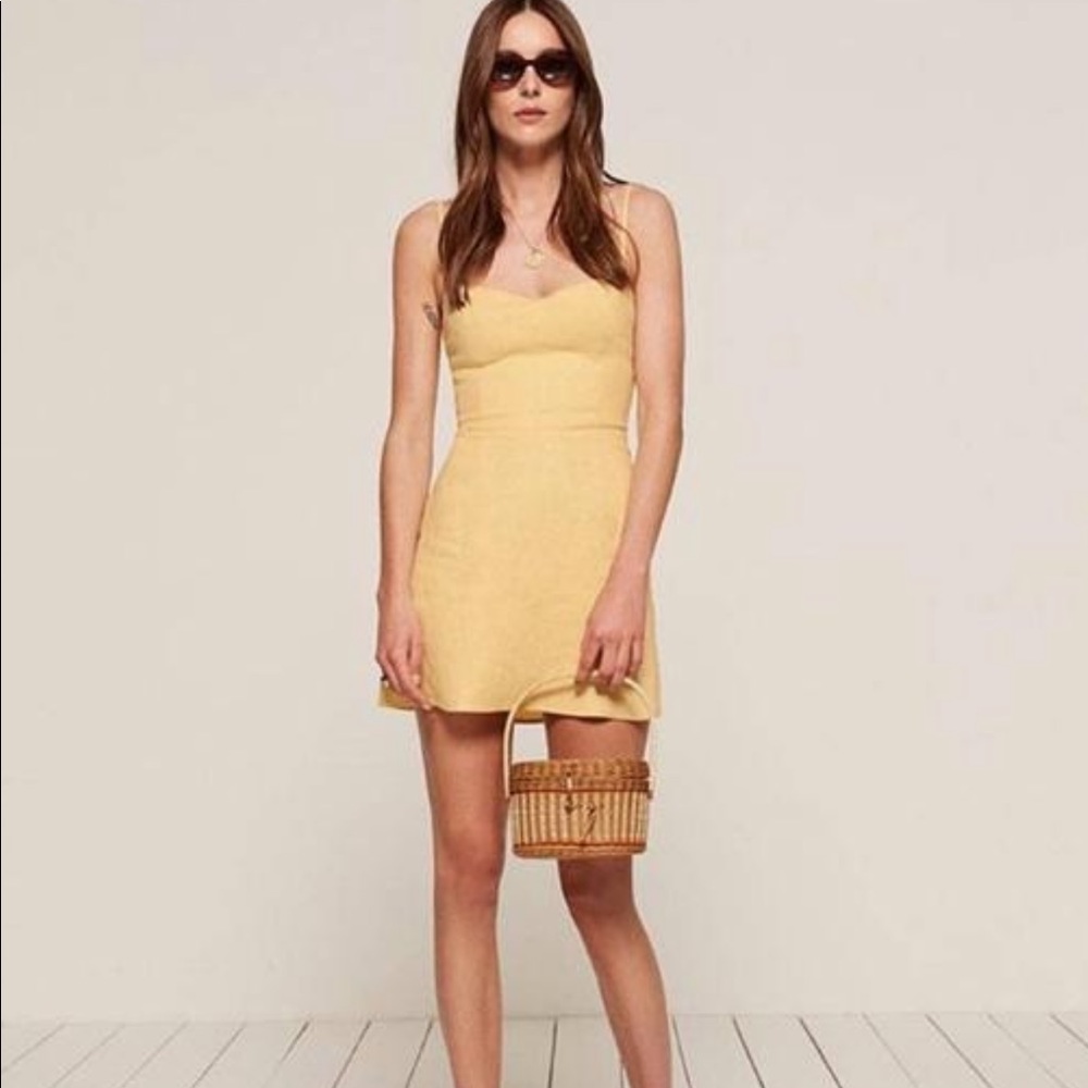 Reformation Yellow Roarke Mini Linen Sweetheart Sleeveless Parmesan color
